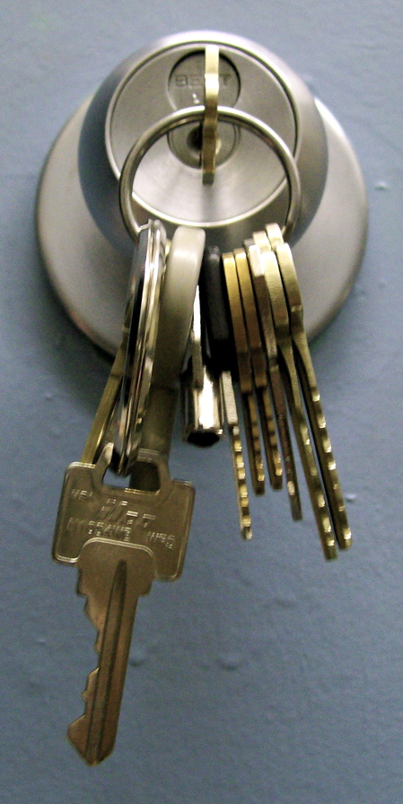 Keys in an unmarked door.
